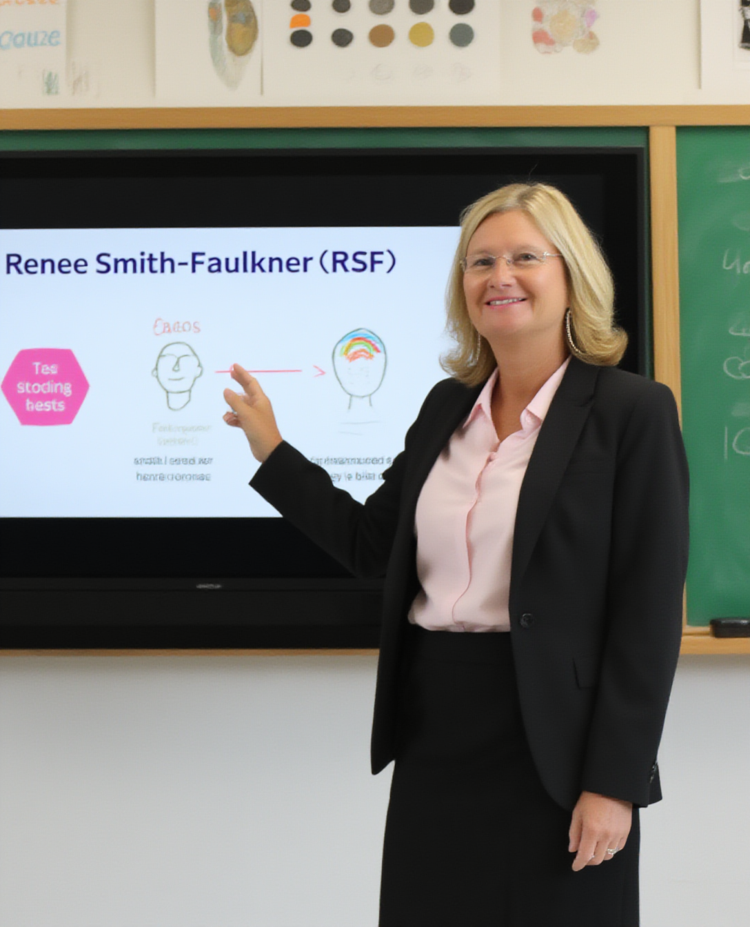 RSF with blonde hair, black blazer, black skirt, light pink shirt stands at the front of a middle school classroom and gestures at a lesson being displayed on the interactive TV