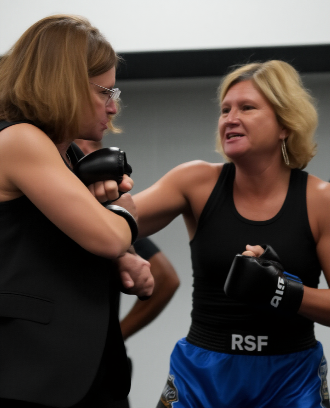 RSF brutally punches her opponent in a mixed martial arts fight. RSF is wearing a black tanktop and blue boxing shorts. Her opponent is a female middle aged business woman with shoulder length brown hair, wire framed classes.