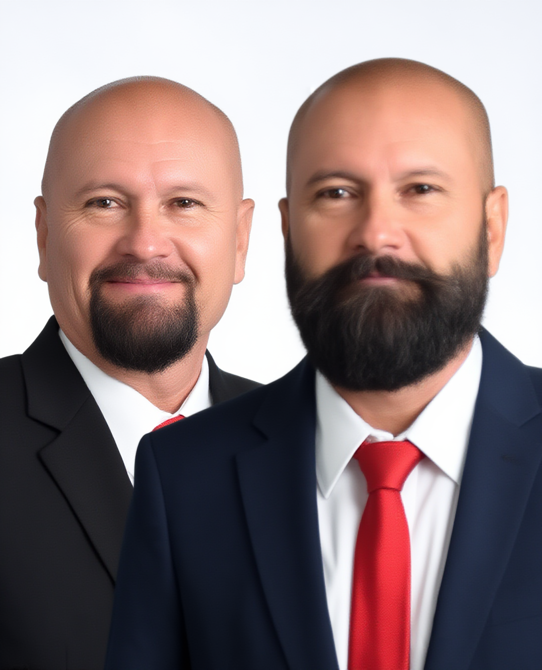 RSF standing separately beside a middle-aged Hispanic man with a bald head and smooth scalp, a broad face, and a neatly groomed but very full dark beard covering his jaw and chin, with a matching mustache integrated into the beard. He has medium-to-dark eyebrows, brown eyes, and a calm, mildly attentive expression with a slight closed-mouth smile. His facial features include a rounded nose, full cheeks, and a strong lower face emphasized by the beard. He is wearing a dark blue suit jacket over a white dress shirt, paired with a bright red necktie tied in a standard knot. His overall appearance is formal, clean, and professional, with a solid, composed presence and well-maintained grooming.