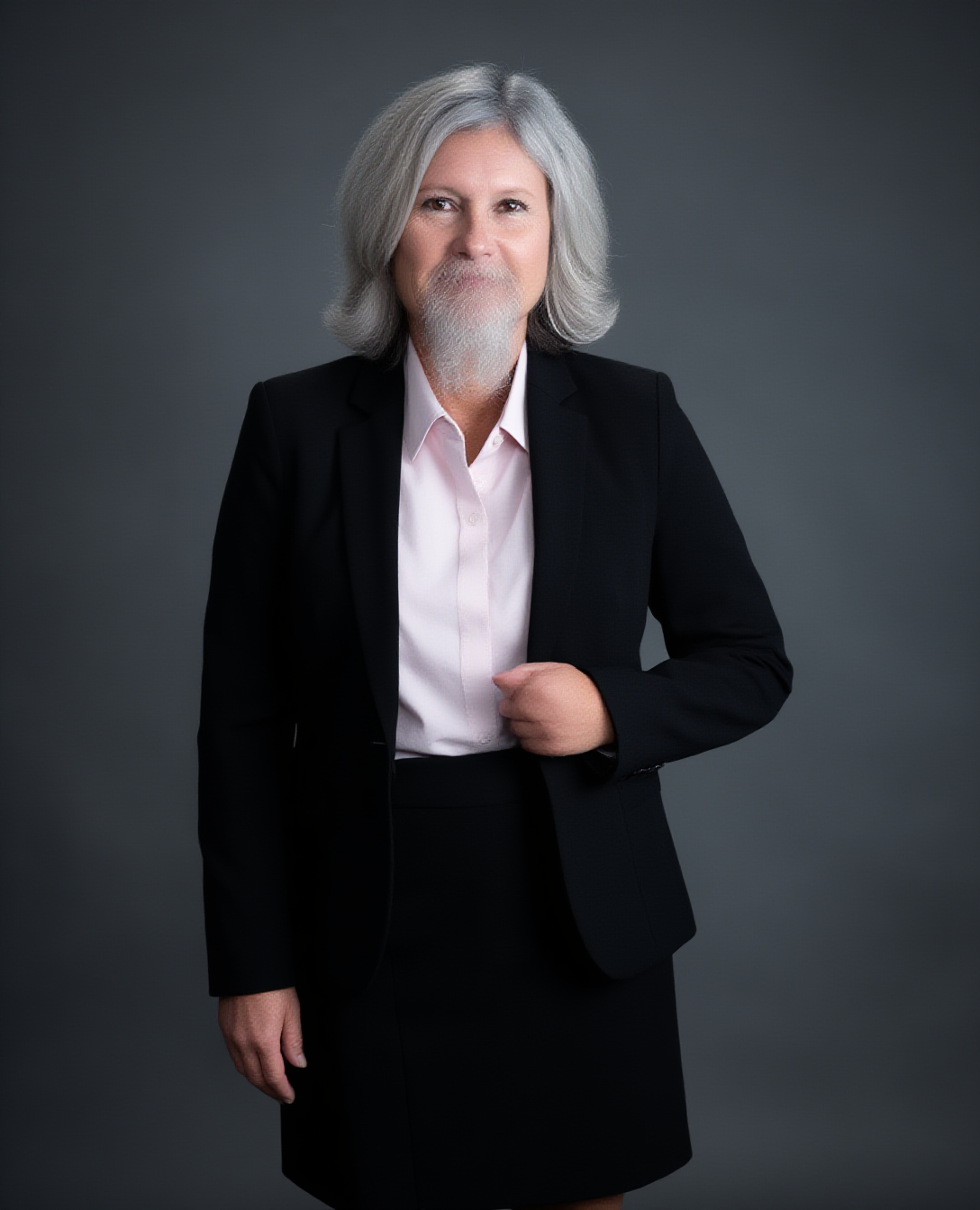 RSF wearing a professional women's black blazer, black skirt, light pink shirt, but she has a long grey beard.